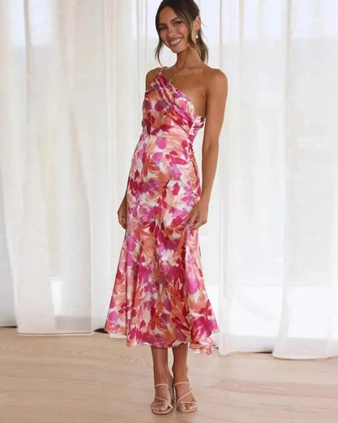 Genevieve | Women's Wedding Guest Floral Asymmetric Midi Dress