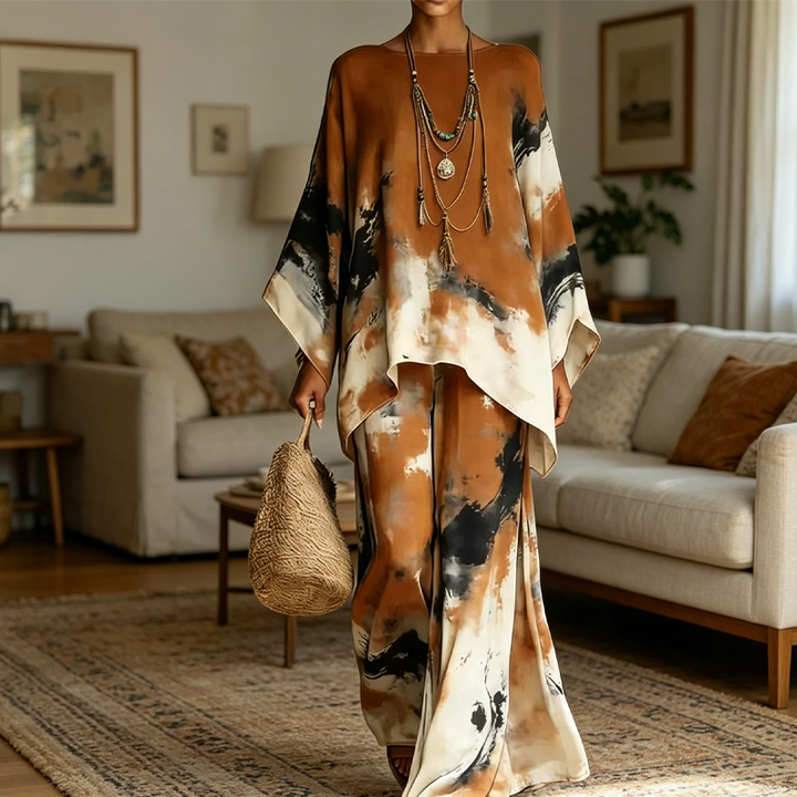 Falvynna – Women’s Two-Piece Abstract Print Set with Oversized Tunic & Wide-Leg Pants