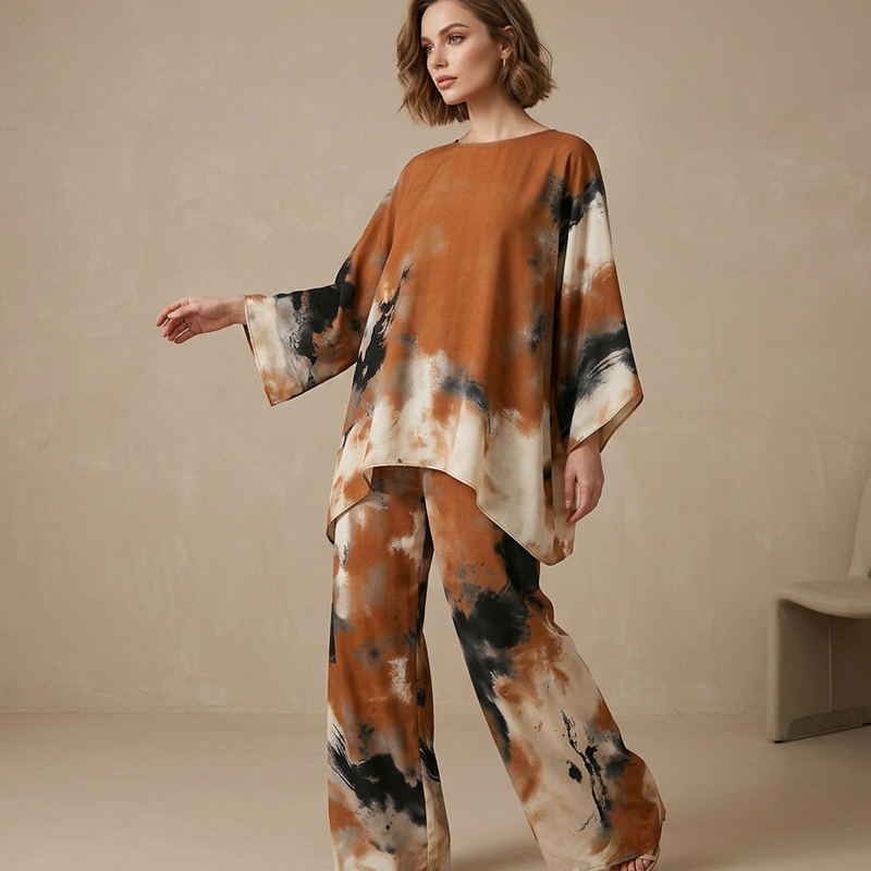 Falvynna – Women’s Two-Piece Abstract Print Set with Oversized Tunic & Wide-Leg Pants