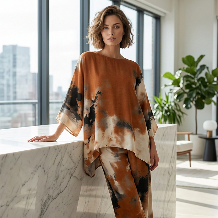 Falvynna – Women’s Two-Piece Abstract Print Set with Oversized Tunic & Wide-Leg Pants