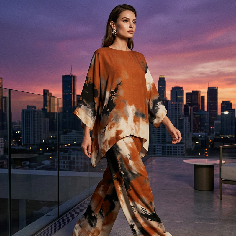 Falvynna – Women’s Two-Piece Abstract Print Set with Oversized Tunic & Wide-Leg Pants
