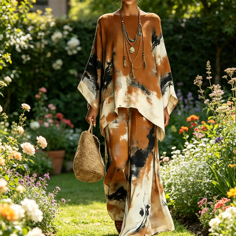 Falvynna – Women’s Two-Piece Abstract Print Set with Oversized Tunic & Wide-Leg Pants